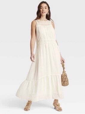 Women’s A New Day Cream Chiffon Maxi Dress Boho Beach Medium M NWT